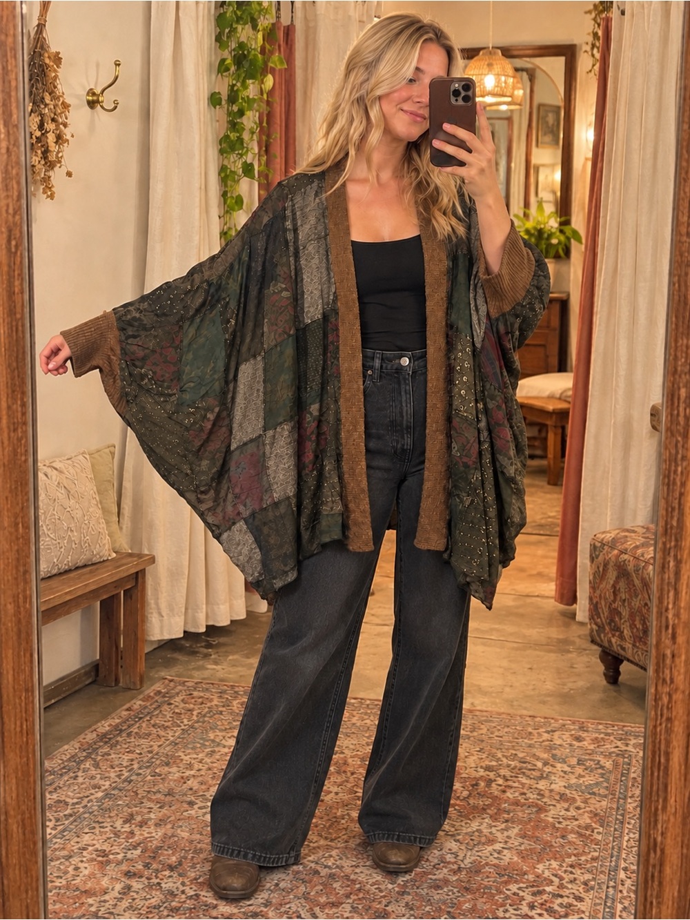 Boho Patchwork Kimono Cardigan - Green & Brown